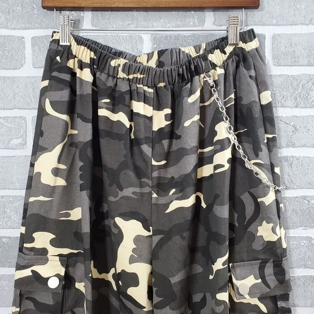Shein‎ Curve Cargo Pants Womens 0XL 12 Black Gray Cream Camo Print Elastic Waist